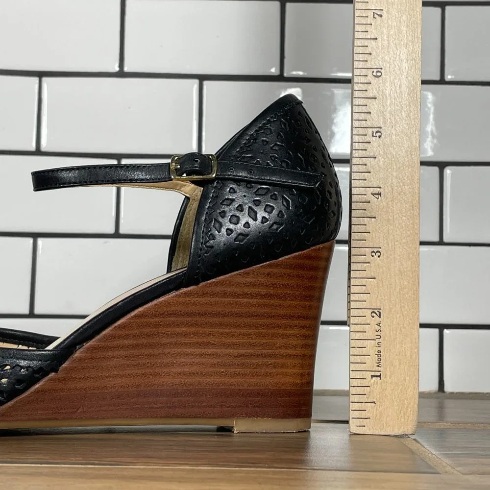 Talbots Womens Sz 8.5 Shoes Black Leather Open Toe Mary Jane Comfort Wedge